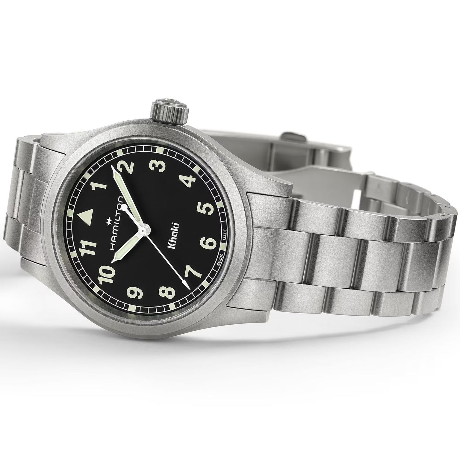 The Hamilton Khaki Field Quartz 38mm watch features a silver case, black dial with white numerals, and a metal bracelet.