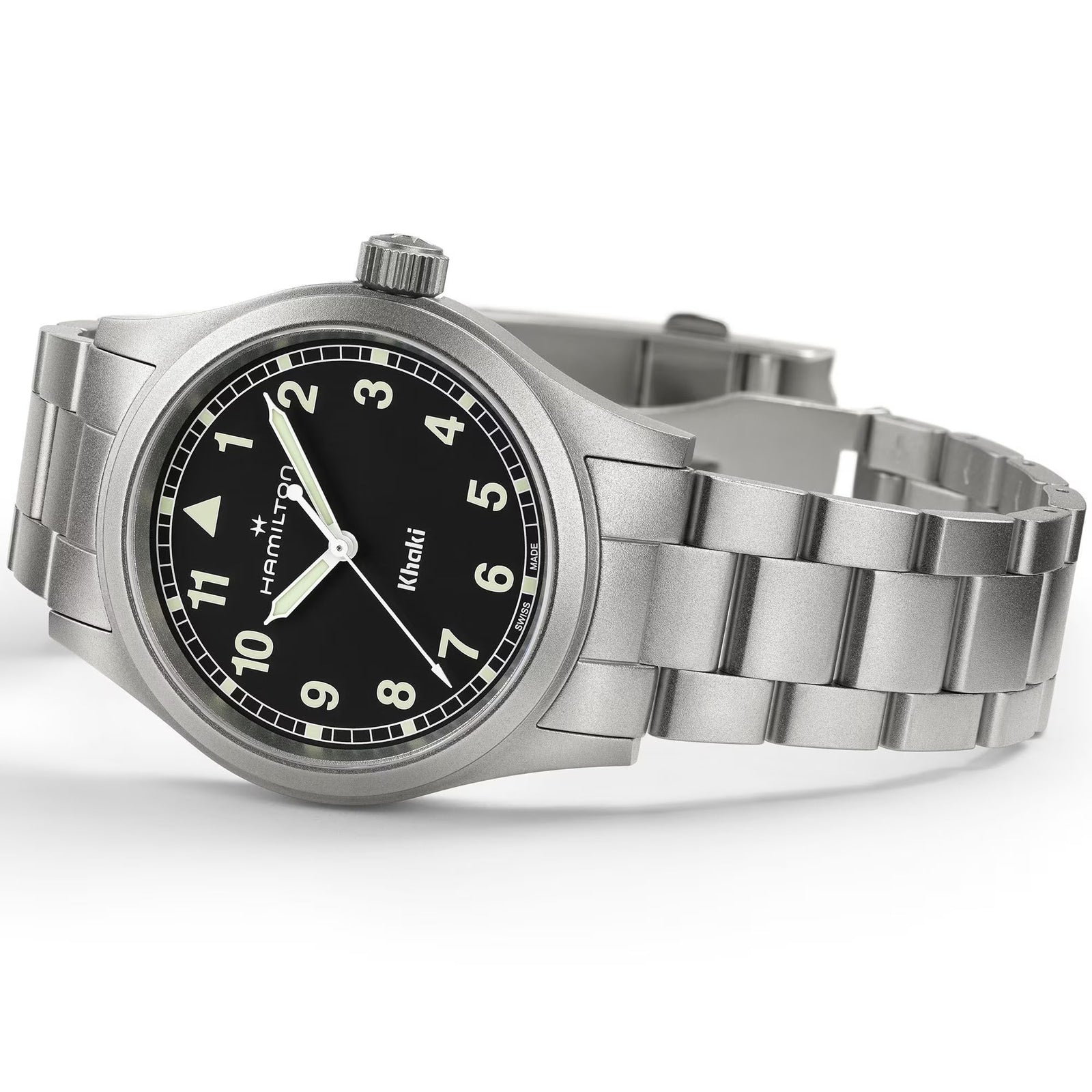 The Hamilton Khaki Field Quartz 38mm watch features a silver case, black dial with white numerals, and a metal bracelet.