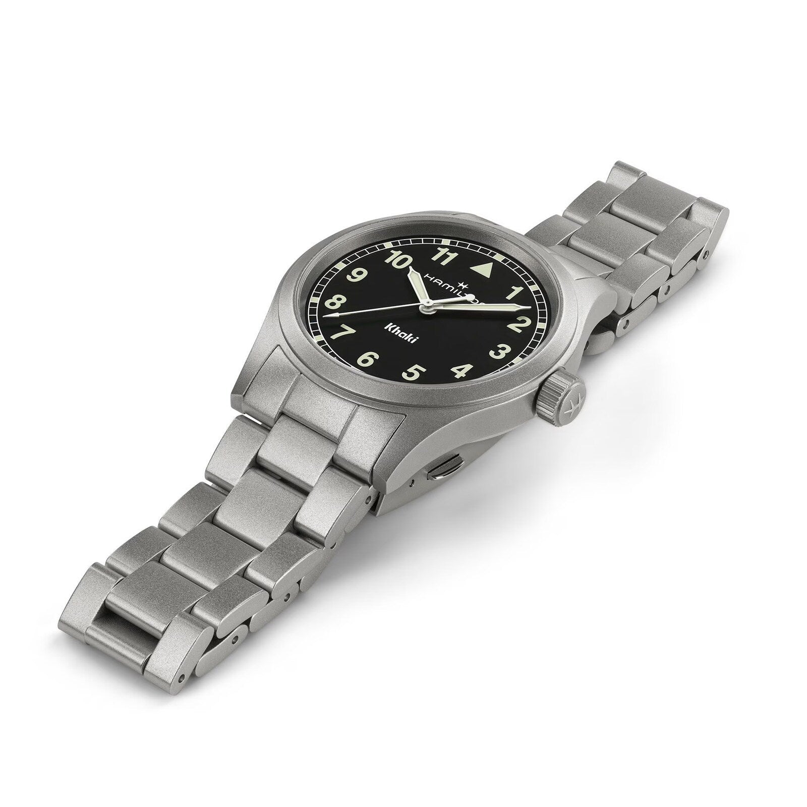 The Hamilton Khaki Field Quartz 38mm features a silver metal link band, black dial with white numerals, displayed against a white background.