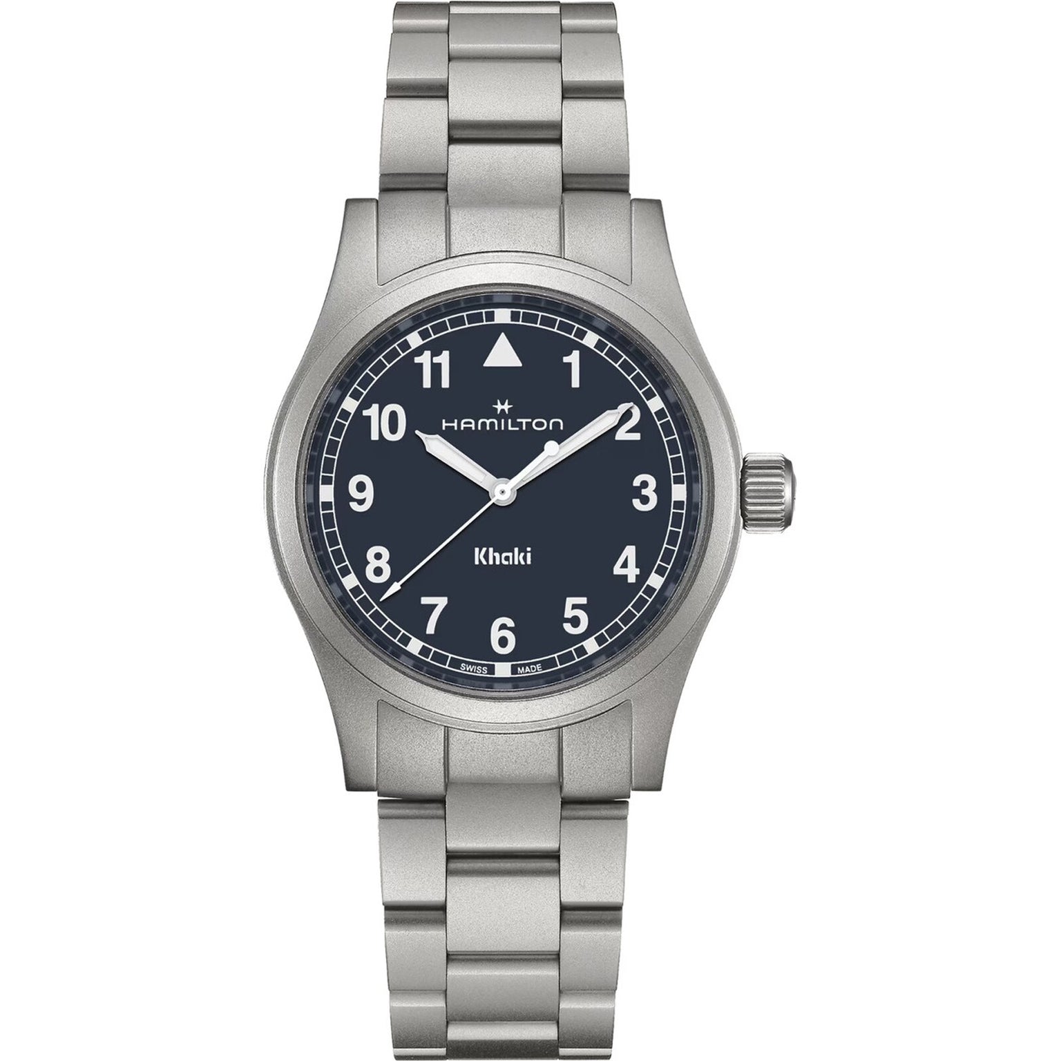 Hamilton Khaki Field Quartz 38mm wristwatch featuring a silver case, black dial with Arabic numerals, and a metal link bracelet.