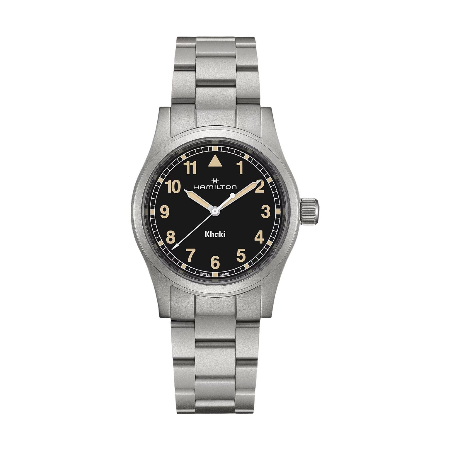Hamilton Khaki Field Quartz 38mm watch with a black dial, Arabic numerals, and metal link bracelet.