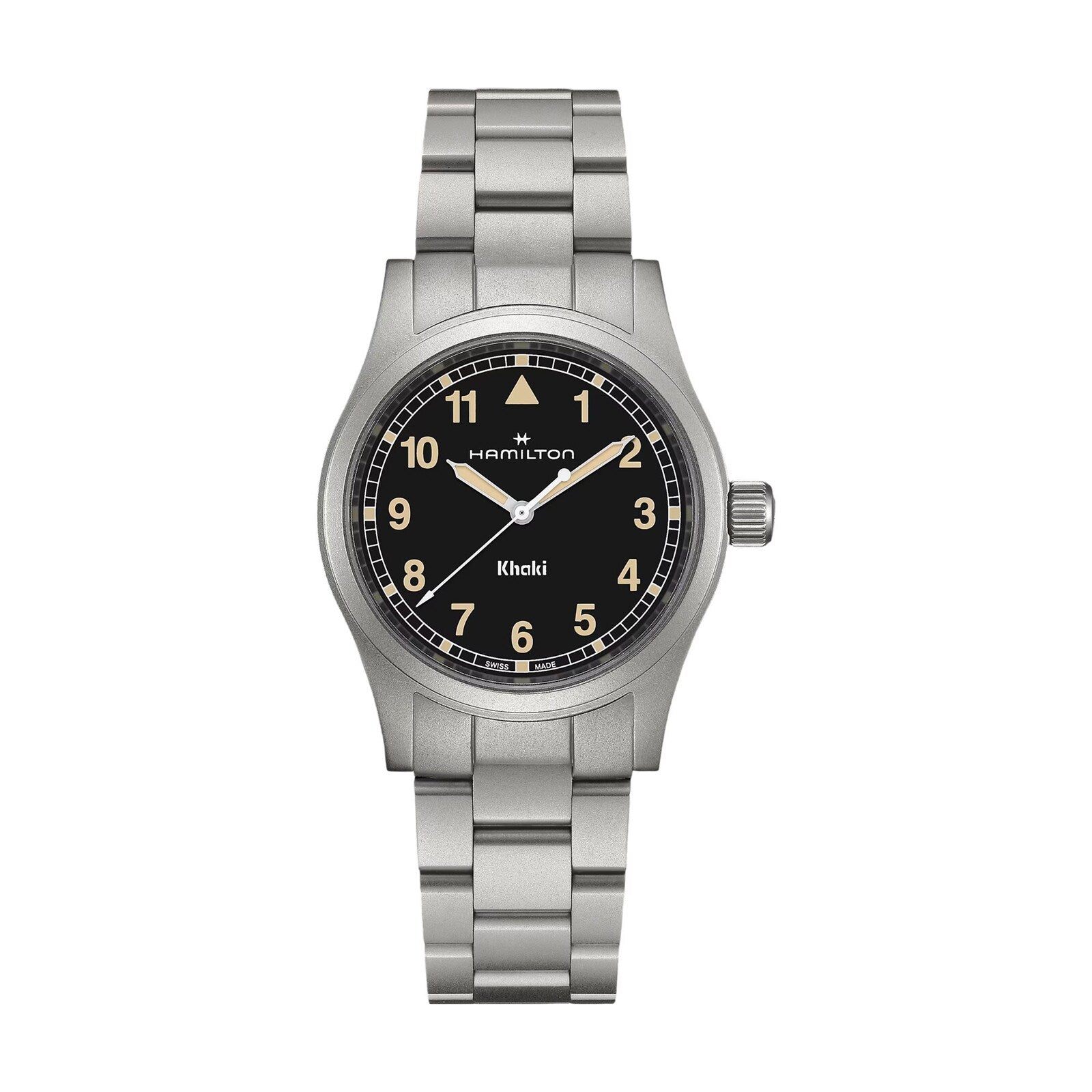 Hamilton Khaki Field Quartz 38mm watch with a black dial, Arabic numerals, and metal link bracelet.