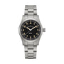 Hamilton Khaki Field Quartz 38mm watch with a black dial, Arabic numerals, and metal link bracelet.