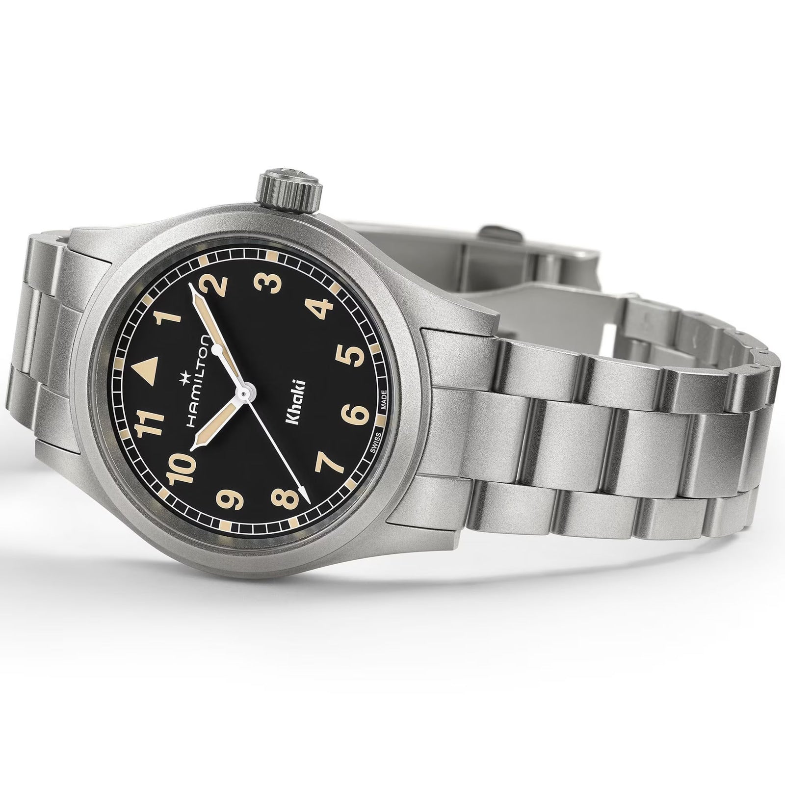Hamilton Khaki Field Quartz 38mm wristwatch with a black dial, cream numerals, and a metal link band, shown at an angle.
