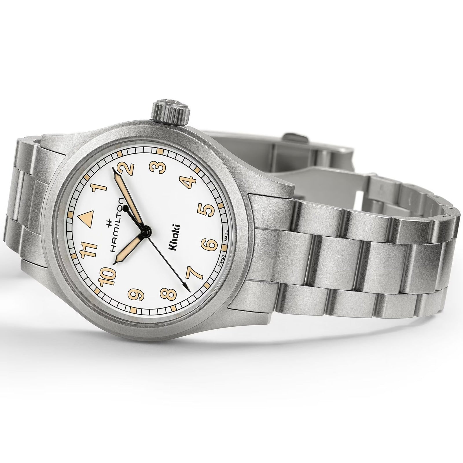 The Hamilton Khaki Field Quartz 33mm wristwatch features a white dial with gold numerals and a metal link bracelet, displayed at an angle.