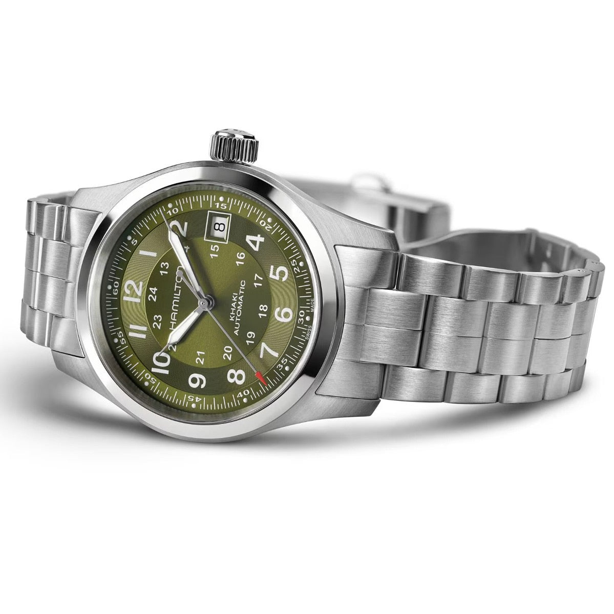 The Hamilton Khaki Field Auto 38mm is a stainless steel wristwatch featuring a green dial, metal bracelet, and displays both time and date.