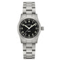 The Hamilton Khaki Field Quartz 33mm is a stainless steel wristwatch with a black dial, white numerals, and silver hands—a classic timepiece designed for adventure.