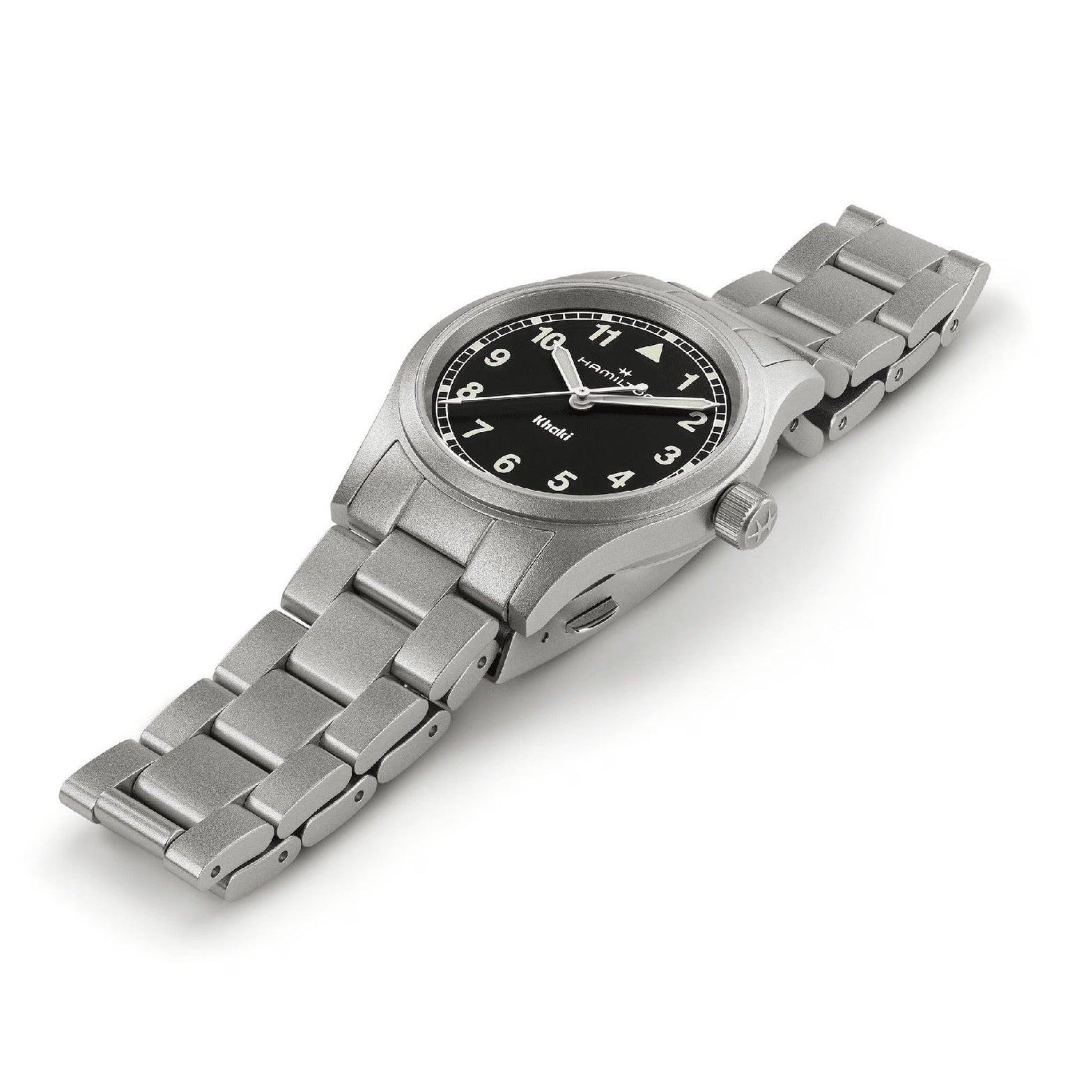 The Hamilton Khaki Field Quartz 33mm watch features a sleek silver metal case, black dial with white numerals, and a metal link band—displayed on a white background, ready for your next adventure.