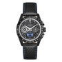 The Hamilton Jazzmaster Performer Autochrono 42mm pairs a black dial, tachymeter bezel, chronograph counters, blue accents, and a perforated leather strap with blue stitching for a sporty yet stylish look.