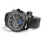 The Hamilton Jazzmaster Performer Autochrono 42mm impresses with black and silver tones, blue-stitched perforated leather strap, chronograph counters, subdials, and a modern tachymeter bezel.