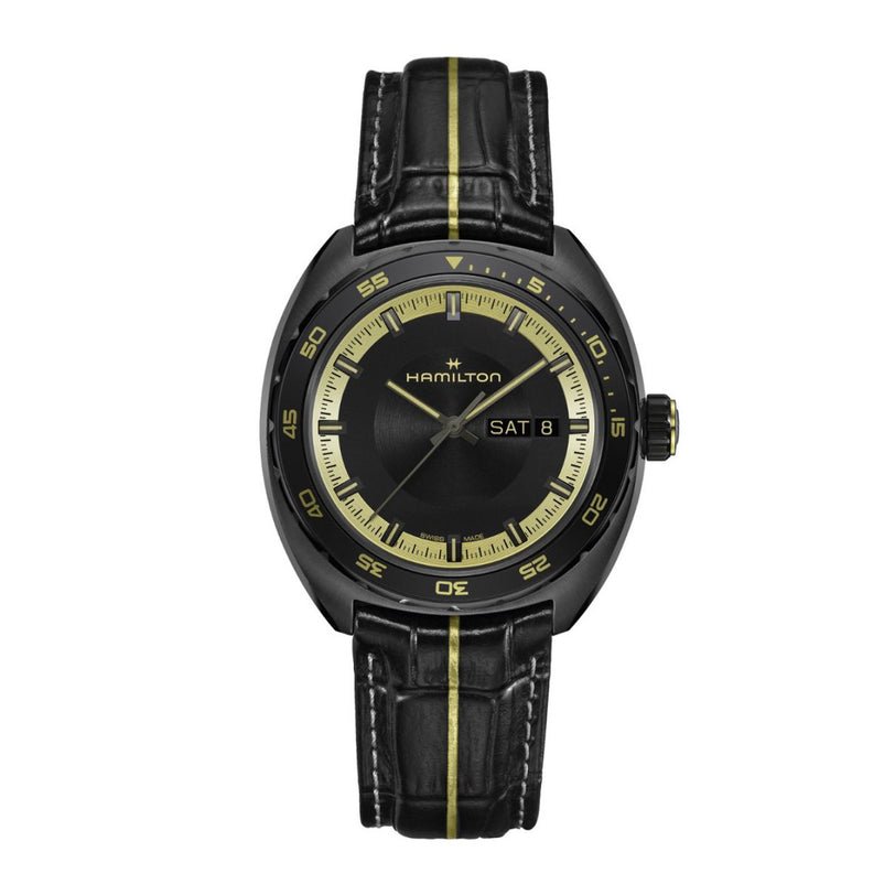 Black Hamilton watch with yellow accents on a white background