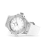 The Hublot Big Bang Steel White Diamonds features a white strap, stainless steel bezel with 126 diamonds, and a white dial with silver markers and hands.