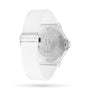 A Hublot Big Bang Steel White Diamonds watch with a white rubber strap, shown from the back to highlight the engraved brand name, model details on the case, and its stainless steel bezel.