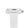 Profile view of the Hublot Big Bang Steel White Diamonds watch with a stainless steel bezel, white strap, visible crown and screws, and 126 sparkling diamonds on its elegant case.
