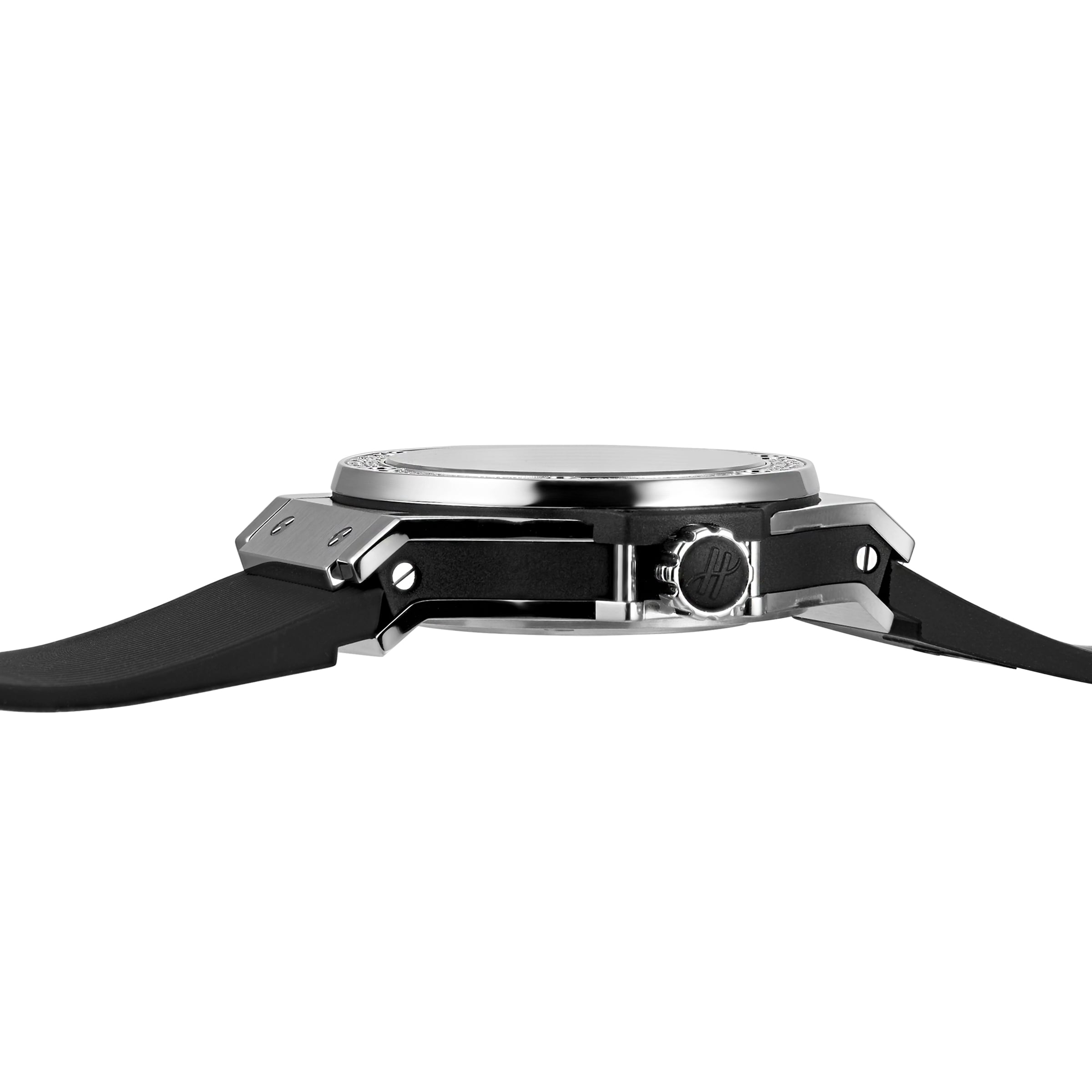 Side view of the Hublot Big Bang Steel Diamonds, showcasing its round stainless steel case, black rubber strap, and a ridged crown on the right side.