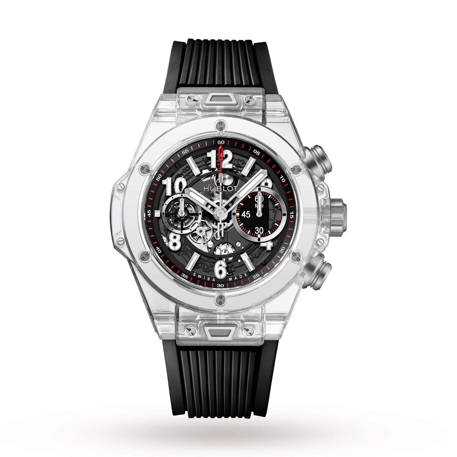 The Hublot Big Bang Unico Sapphire features a transparent case, black rubber strap, visible chronograph movement with three subdials, and silver push buttons on the right side.