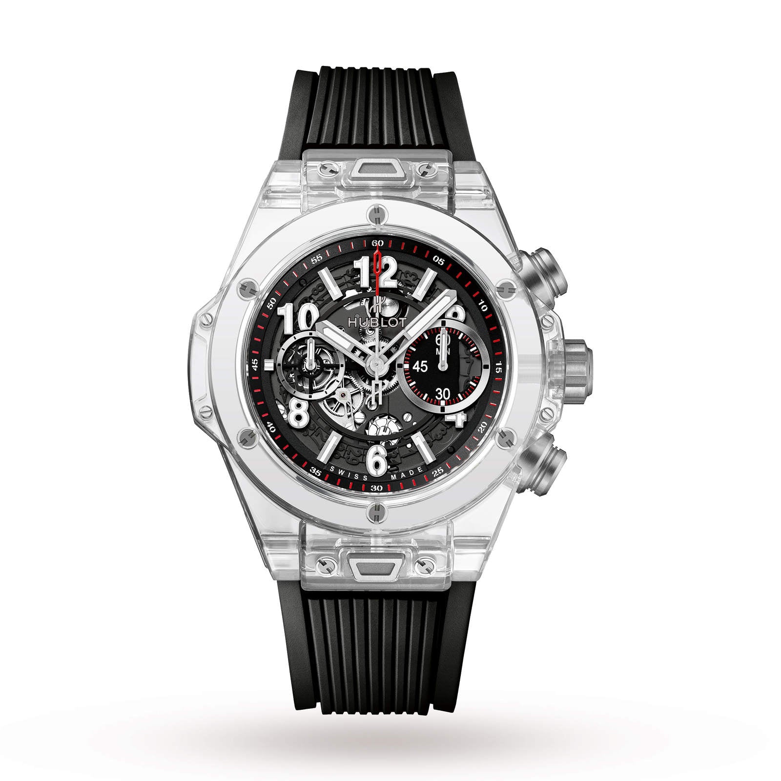 The Hublot Big Bang Unico Sapphire features a transparent case, black rubber strap, visible chronograph movement with three subdials, and silver push buttons on the right side.