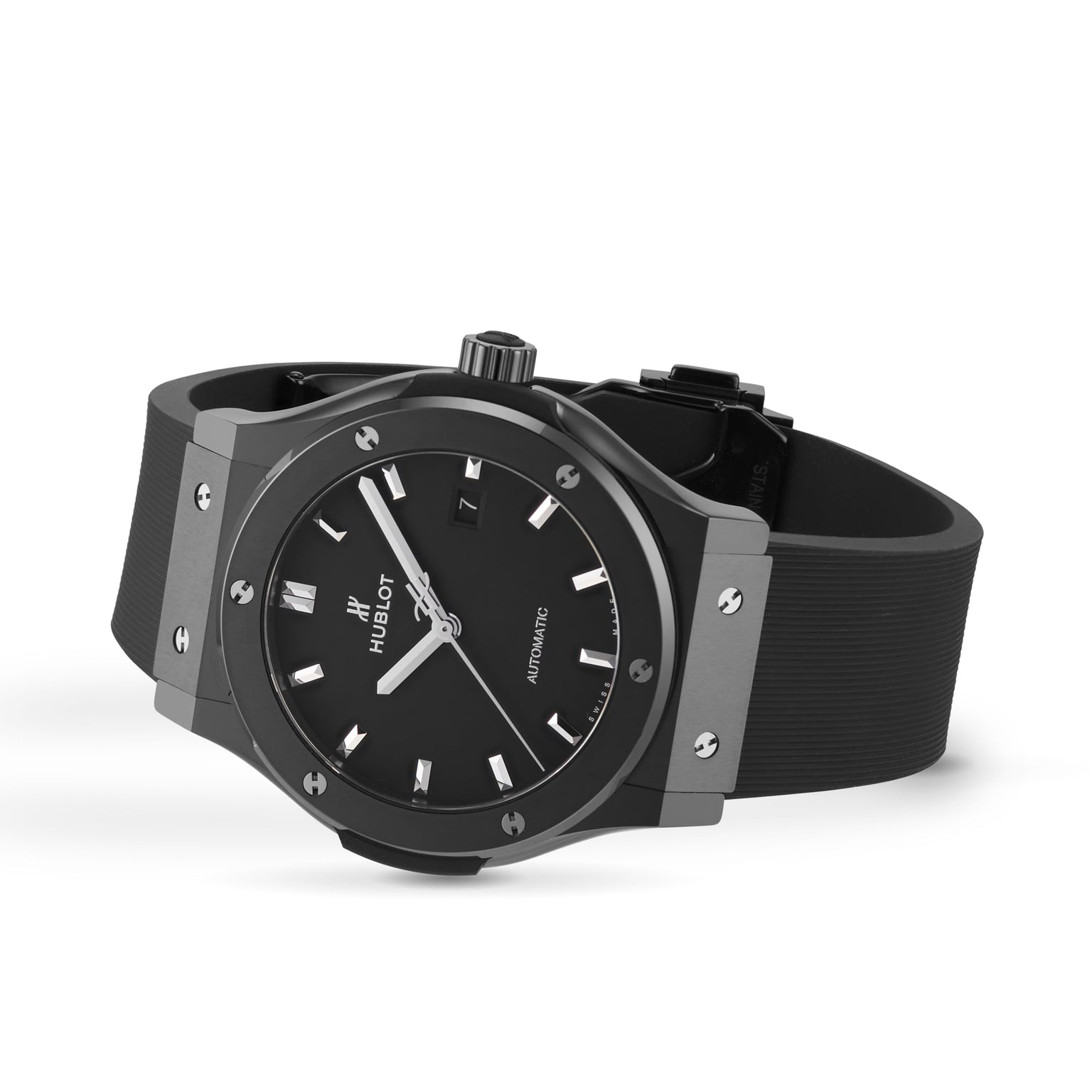 The Hublot Classic Fusion Black Magic features a black dial, silver hour markers, and a black high-tech ceramic bezel with a rubber strap, displayed against a white background.