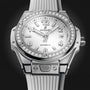 Hublot Big Bang One Click Steel White Diamonds wristwatch with a white dial, diamond-set stainless steel bezel, and white rubber strap; displays 10:07 with self-winding movement.
