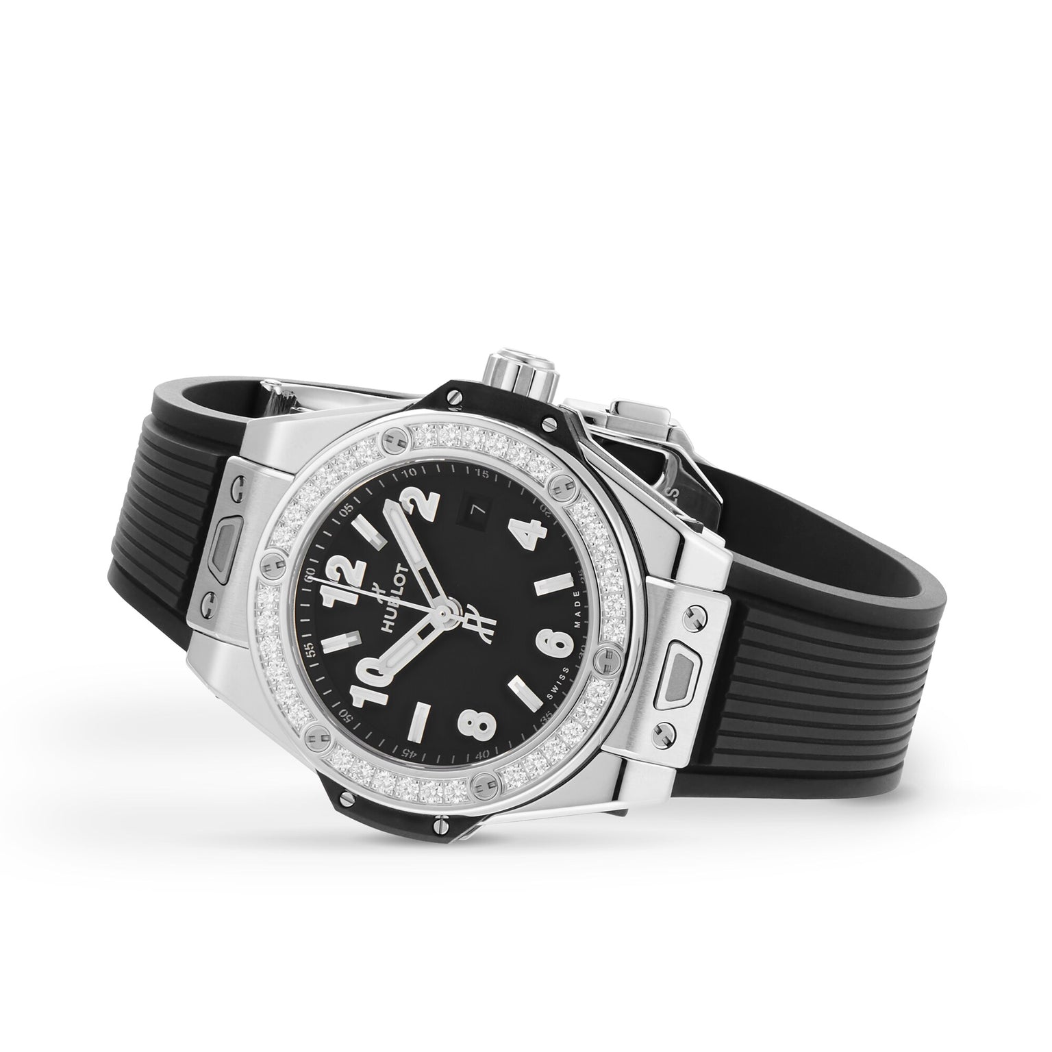 The Hublot Big Bang One Click Steel Diamonds features a black dial with white numerals, a stainless steel case, diamond-set bezel, and a sleek black rubber strap.