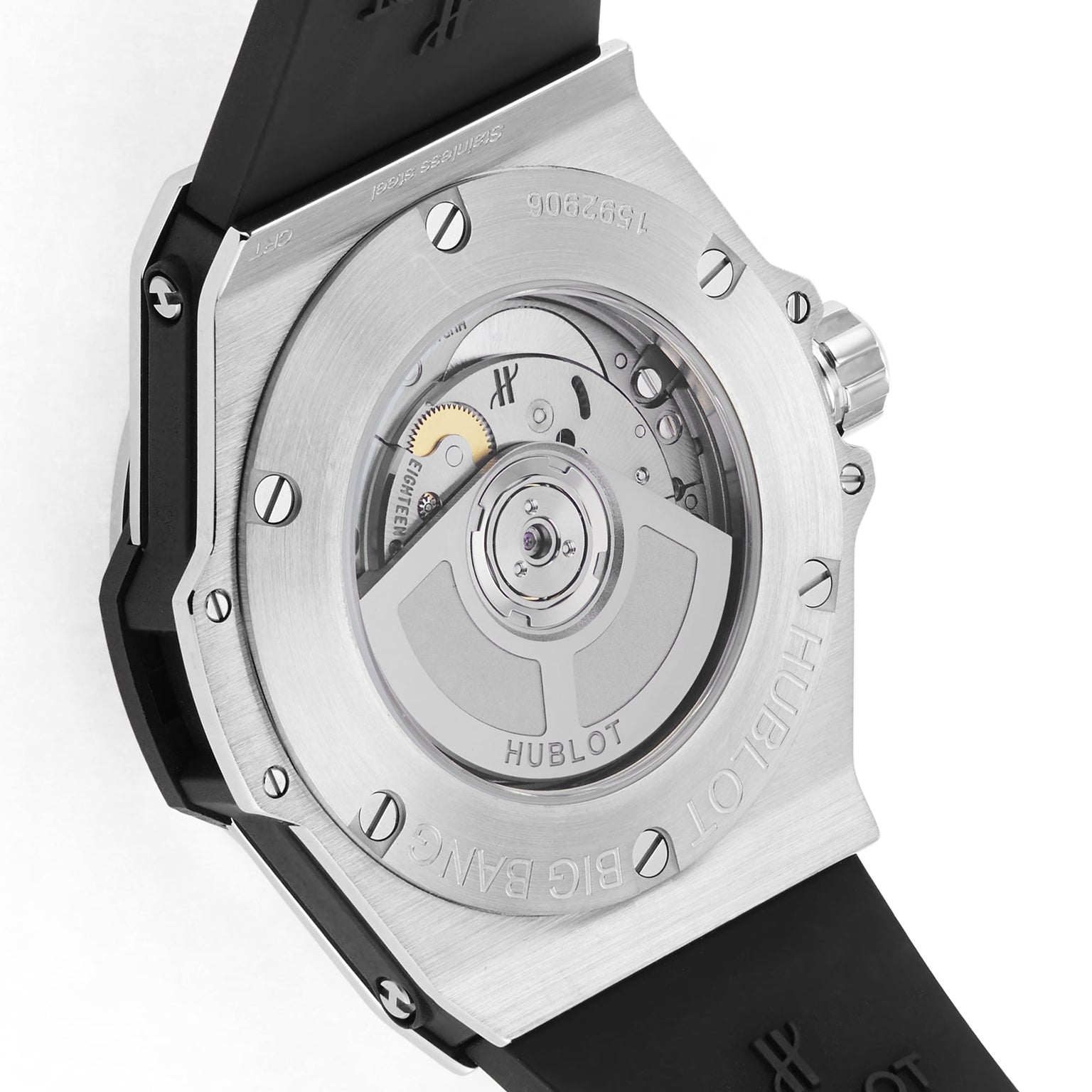 Close-up of the Hublot Big Bang One Click Steel Diamonds, highlighting the automatic movement through a transparent case back, stainless steel details, and a black rubber strap.