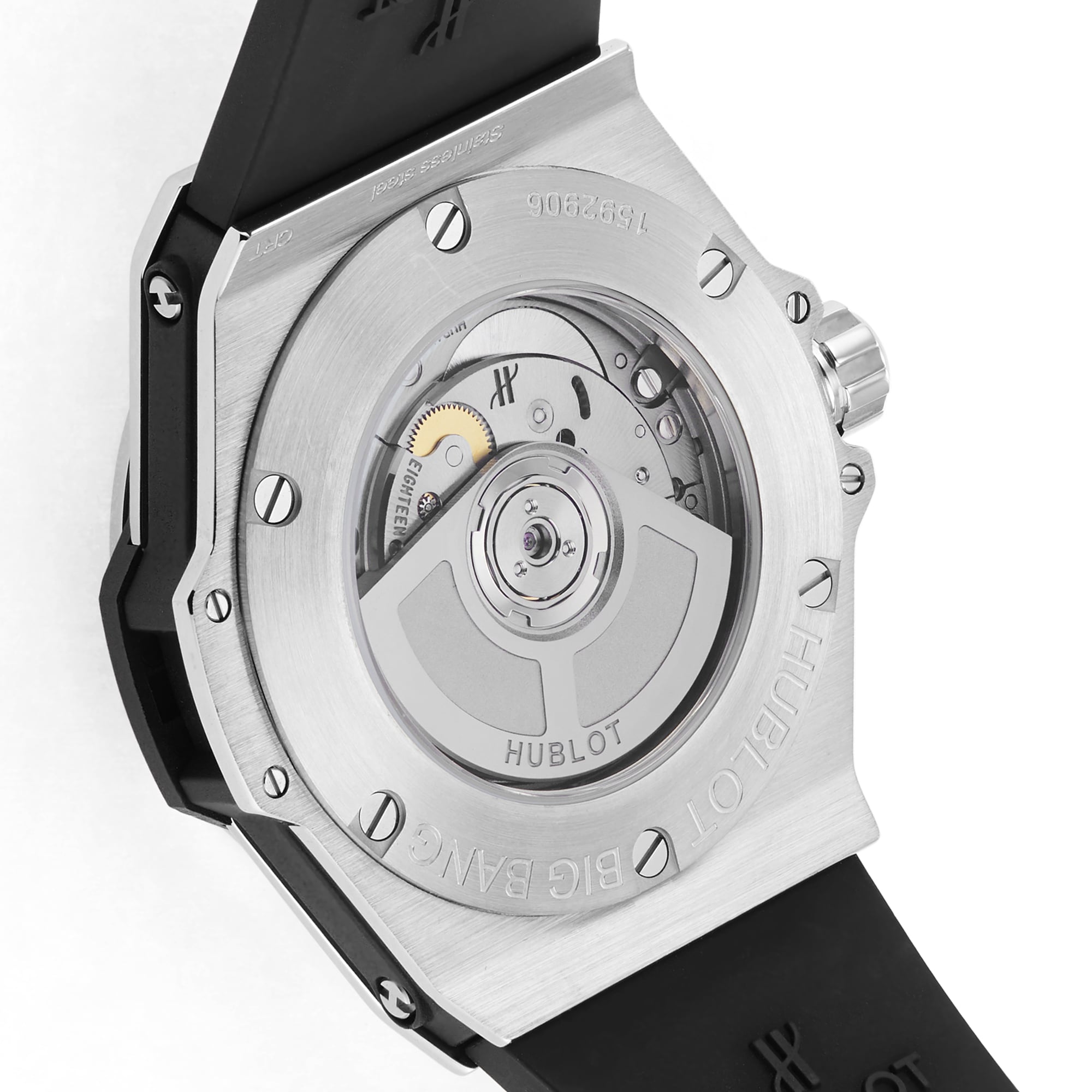 Close-up of the Hublot Big Bang One Click Steel Diamonds, highlighting the automatic movement through a transparent case back, stainless steel details, and a black rubber strap.