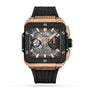 The Hublot Square Bang Unico King Gold Ceramic wristwatch features exposed gears, 18K King gold and black accents, three subdials, HUB1280 UNICO movement, and a black rubber strap, elegantly displayed on a white background.
