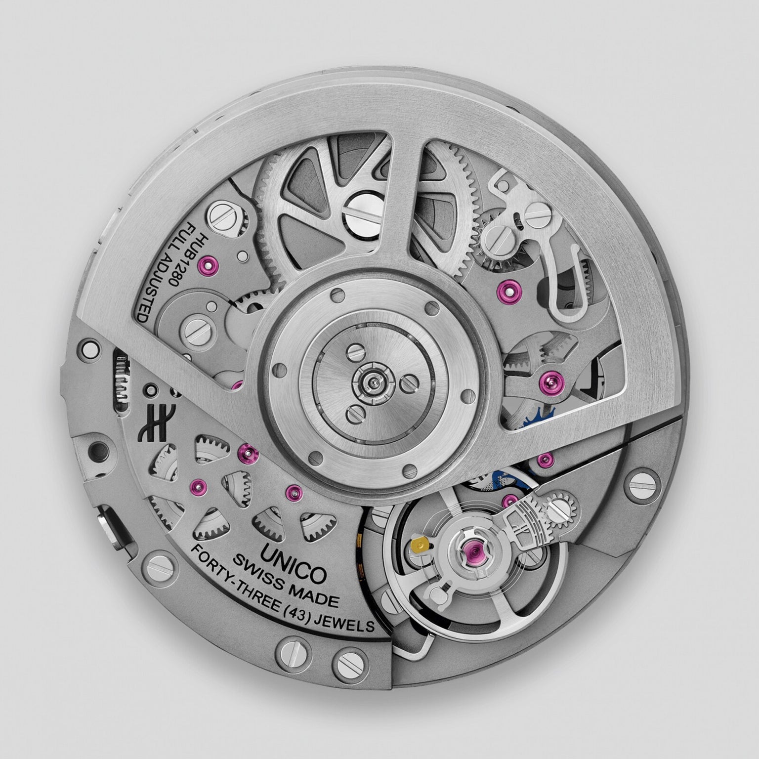 A close-up of the Hublot Square Bang Unico King Gold Ceramic showcases visible gears, jewels, and metal components; Swiss Made and Forty-Three (43) Jewels highlight the precision of its HUB1280 UNICO movement.