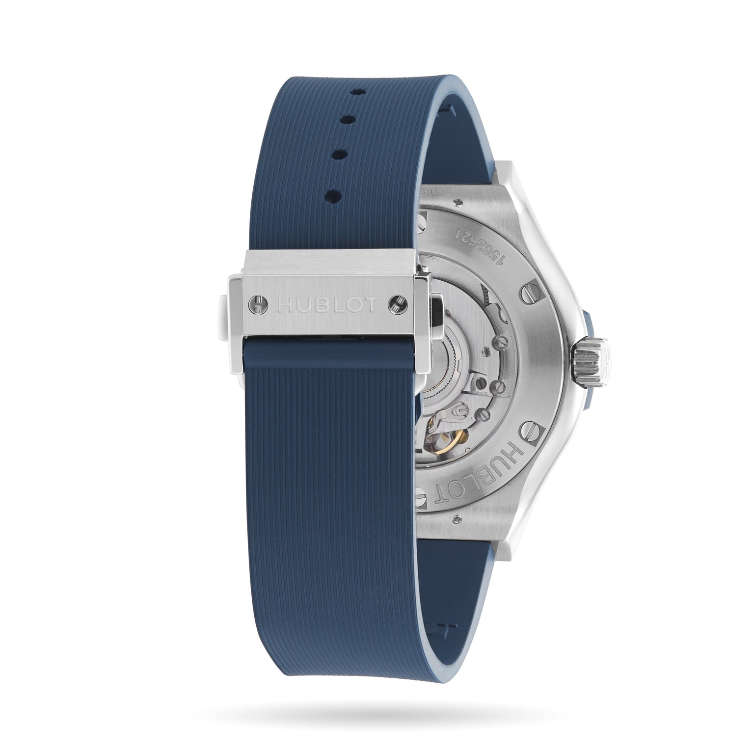 Back view of the Hublot Classic Fusion Titanium Blue, featuring a blue textured rubber strap, titanium case, stainless steel deployment clasp, and a transparent case back revealing the self-winding movement.