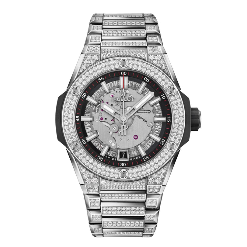 The Hublot Big Bang Integrated Time Only Titanium Pavé wristwatch features a titanium case, skeleton dial with black accents, and a diamond-encrusted bracelet.