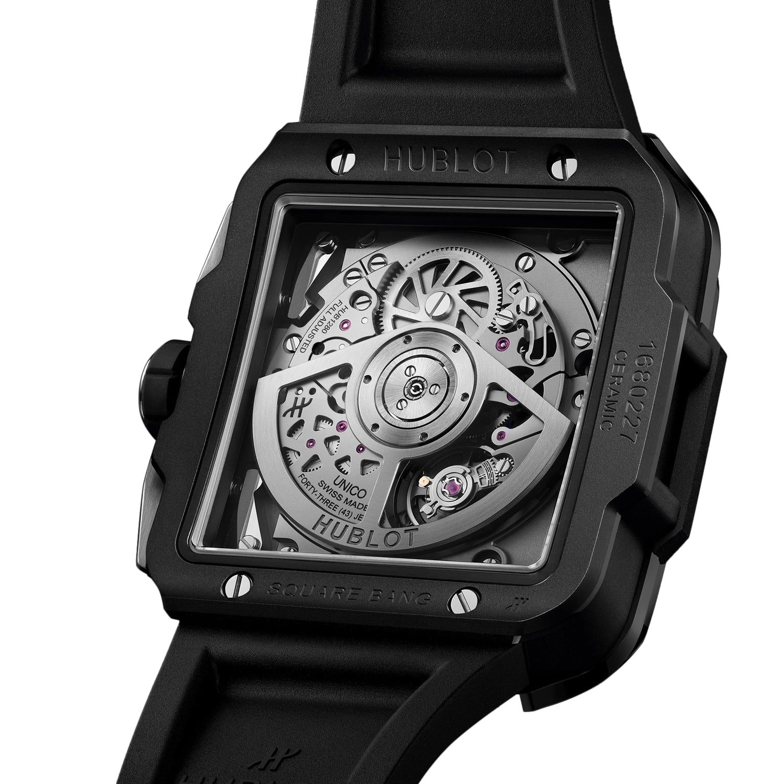 Close-up of the Hublot Square Bang Unico Black Magic watchs back, showcasing its exposed UNICO manufacture movement and engraved details on a sleek black case with a matching black strap.