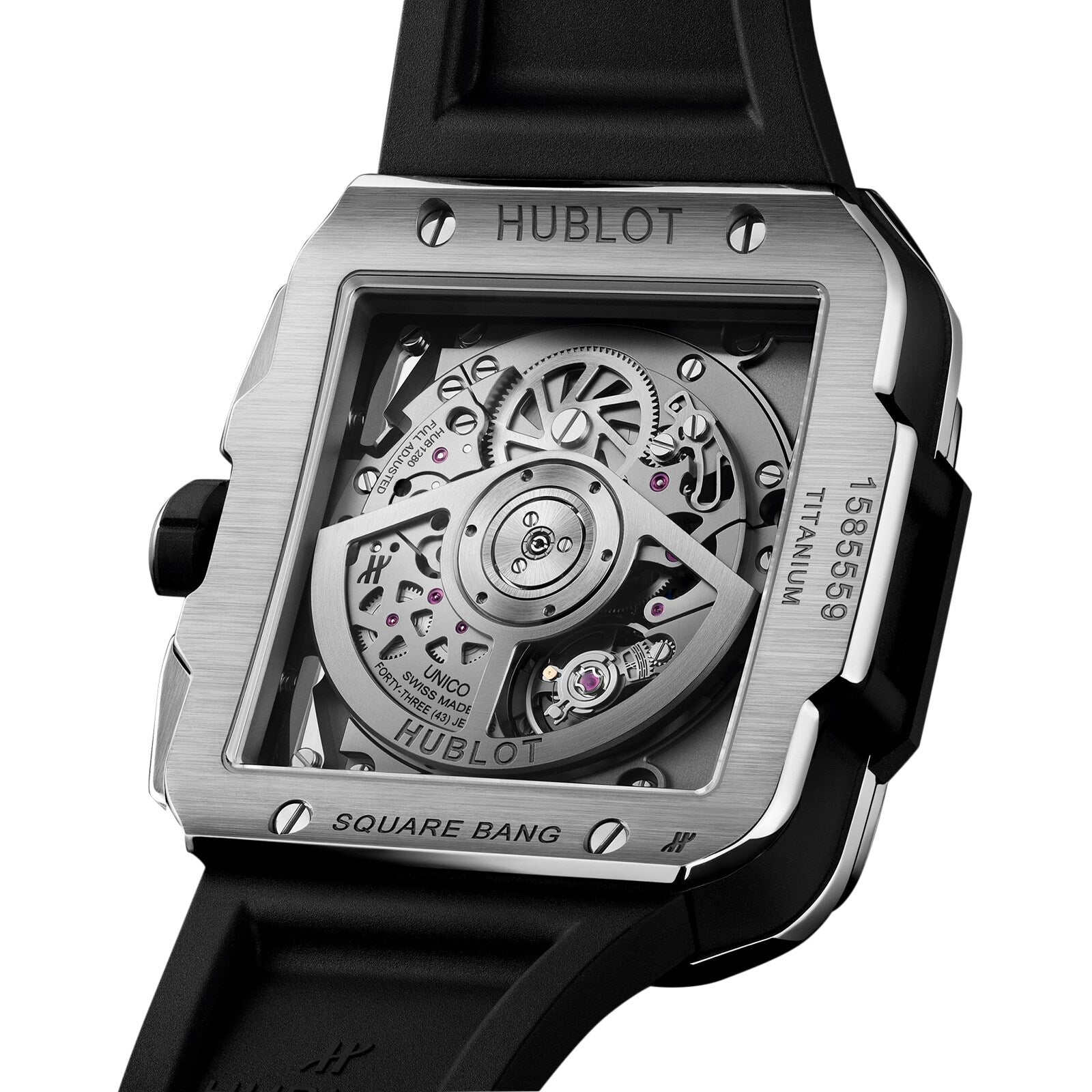 Close-up of the back of a Hublot Square Bang Unico Titanium Diamonds watch, featuring its exposed HUB1280 UNICO movement through a transparent case back and elegant titanium design.