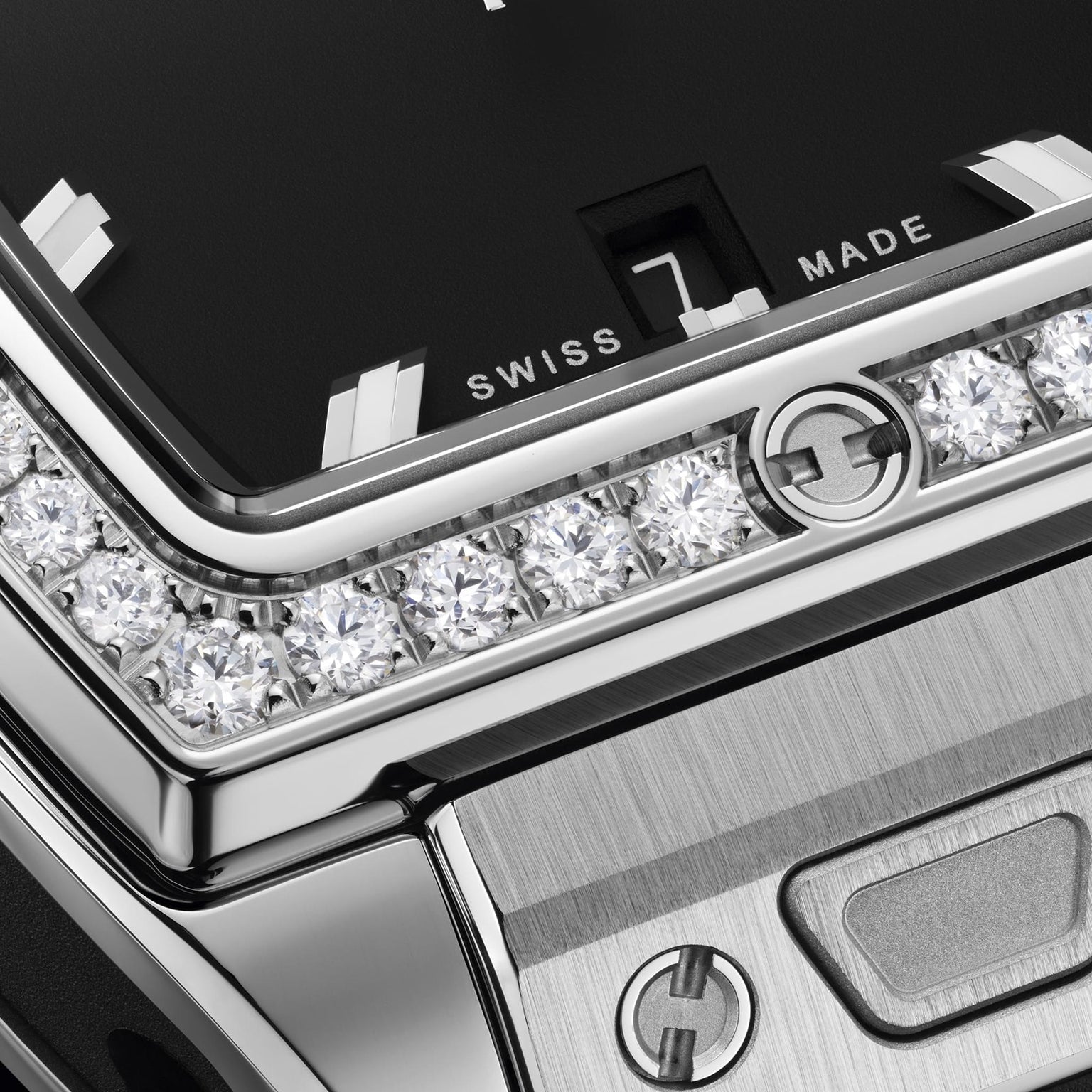 Close-up of the Hublot Spirit Of Big Bang Steel Diamonds watch, showcasing its diamond bezel, Swiss Made text, and detailed engravings—underscoring the refined design of this luxury timepiece.