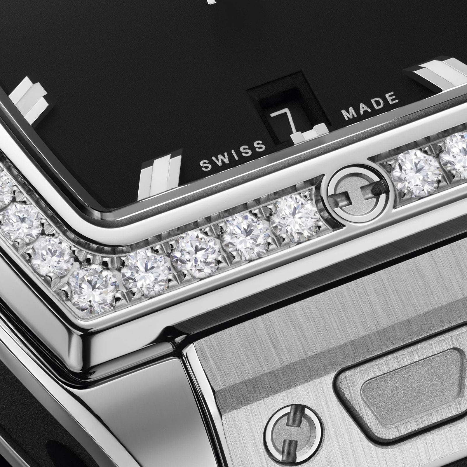 Close-up of the Hublot Spirit Of Big Bang Steel Diamonds watch, showcasing its diamond bezel, Swiss Made text, and detailed engravings—underscoring the refined design of this luxury timepiece.