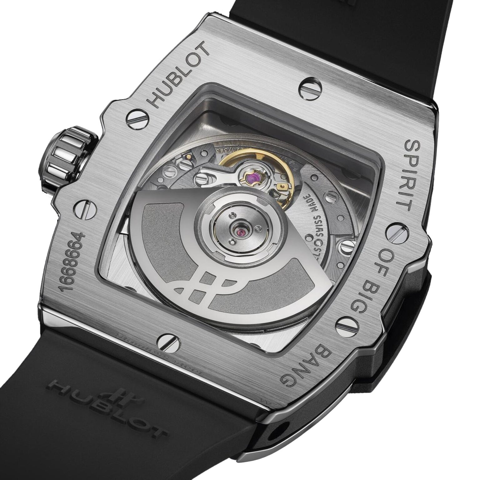 Close-up of the Hublot Spirit Of Big Bang Steel Diamonds’ back, showing off its intricate self-winding movement and engraved details on a metal case with a black strap.
