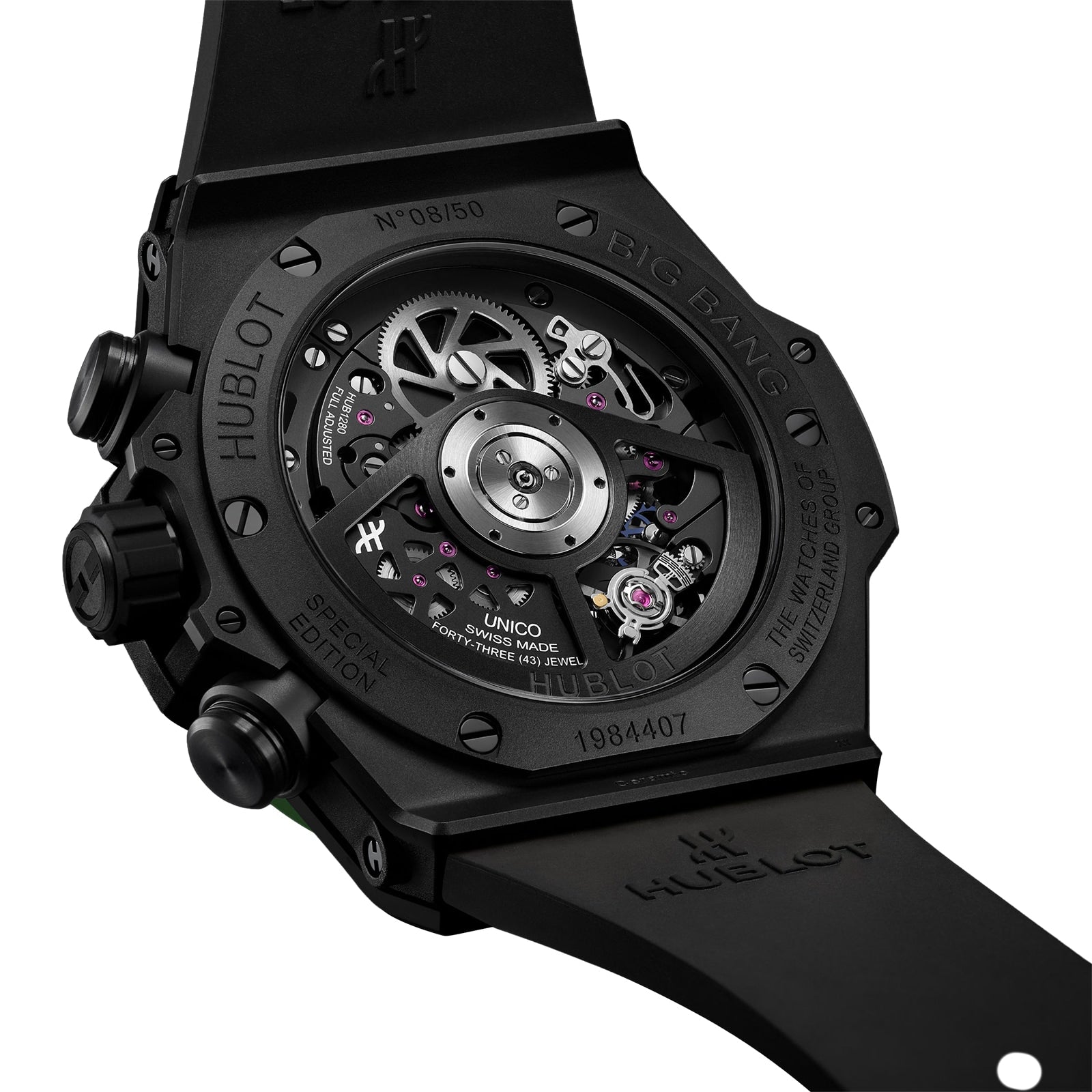 Close-up of the Hublot Big Bang Unico The Watches of Switzerland Group Exclusive, highlighting its black case, visible mechanical movement, and engraved details on this limited-edition timepiece.