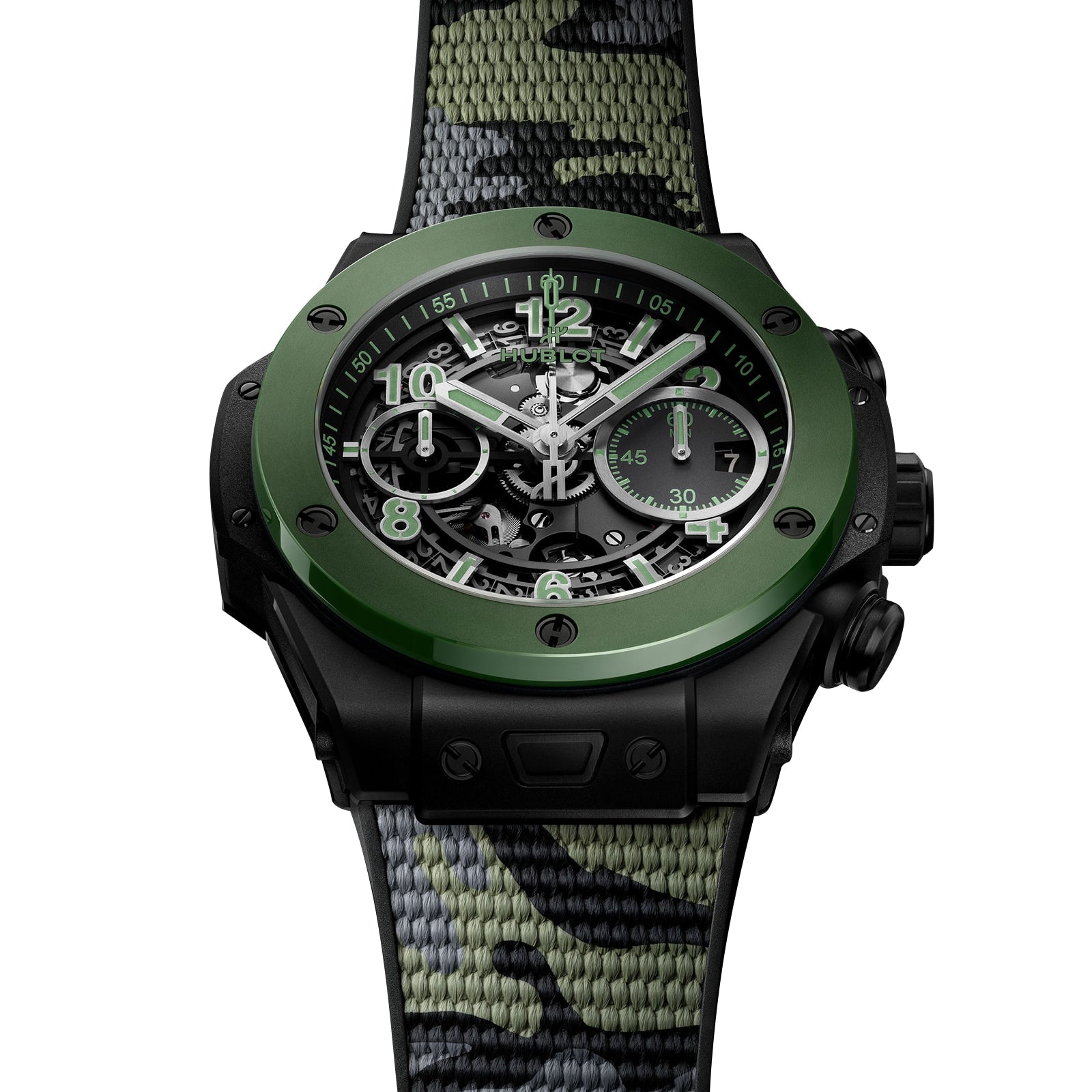 The Hublot Big Bang Unico The Watches of Switzerland Group Exclusive features a green and black case, camouflage fabric strap, skeleton dial, and exposed mechanics—a striking limited-edition from Hublots flagship line.