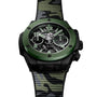 The Hublot Big Bang Unico The Watches of Switzerland Group Exclusive features a green and black case, camouflage fabric strap, skeleton dial, and exposed mechanics—a striking limited-edition from Hublots flagship line.