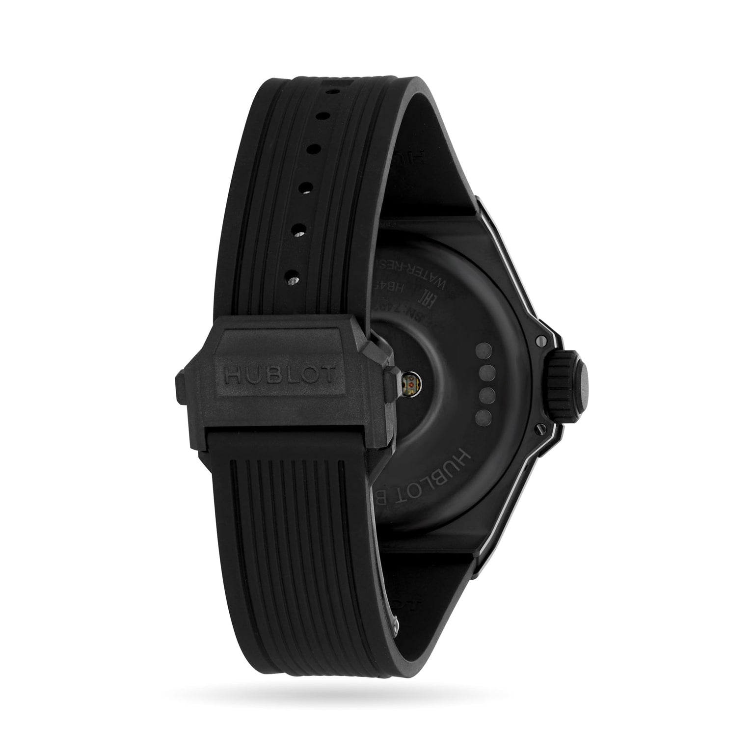 Back view of the Hublot Big Bang E Gen3 Black Magic, featuring a black rubber strap, clasp, and watch case with visible screws and engraved text.