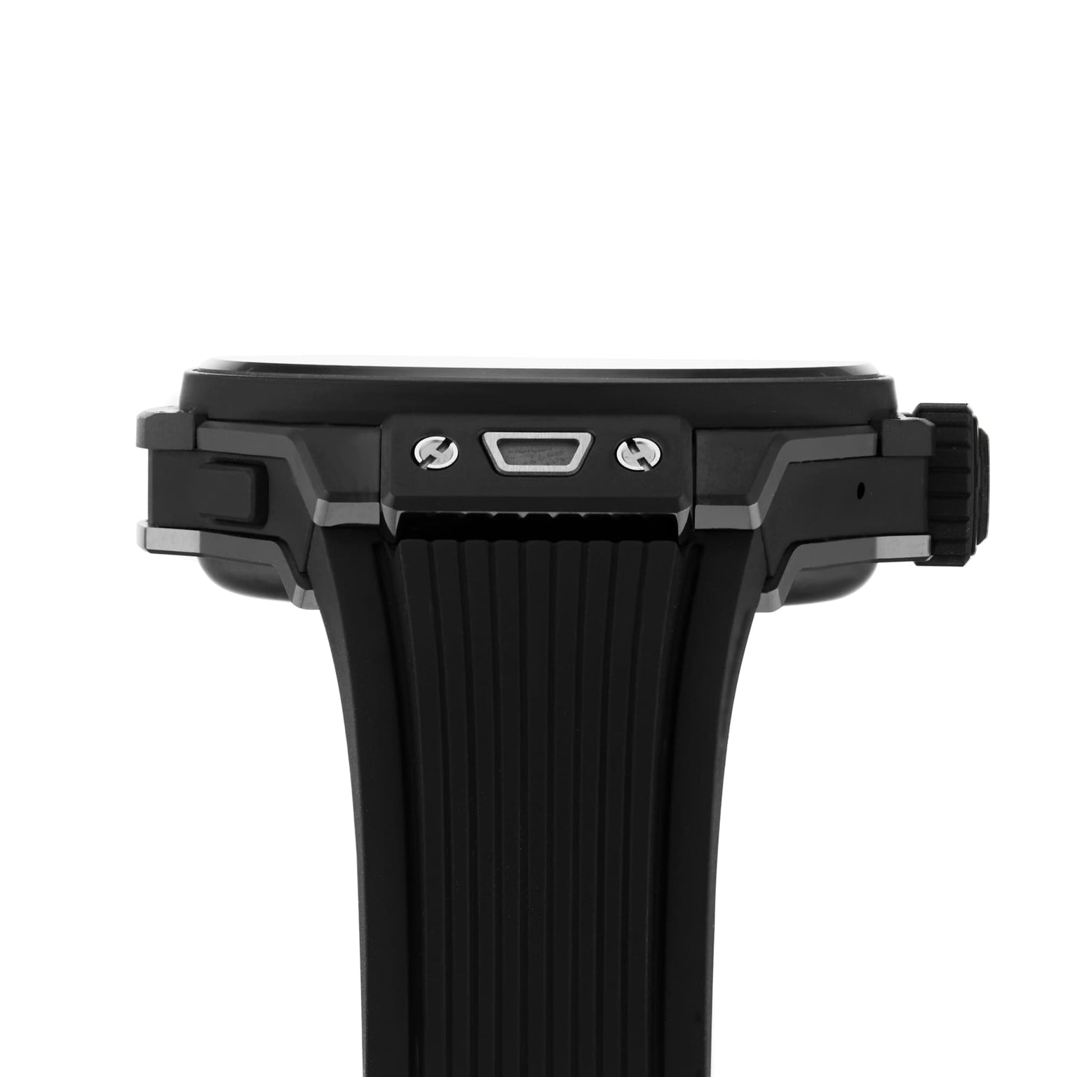 Side view of Hublots Big Bang E Gen3 Black Magic, a black wristwatch from the Big Bang collection with a textured rubber strap, two visible screws on the metal case, and advanced smart technology.
