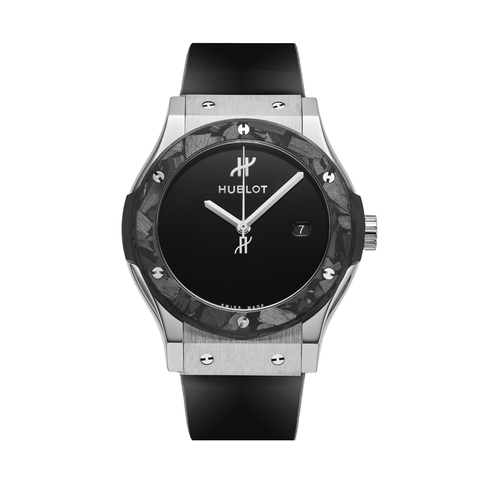 The Hublot Classic Fusion Centenary Special Edition, a Watches of Switzerland Group Exclusive, features a black dial, silver case, black bezel, date at 3 o’clock, and black strap—an exclusive limited edition shown on a white background.