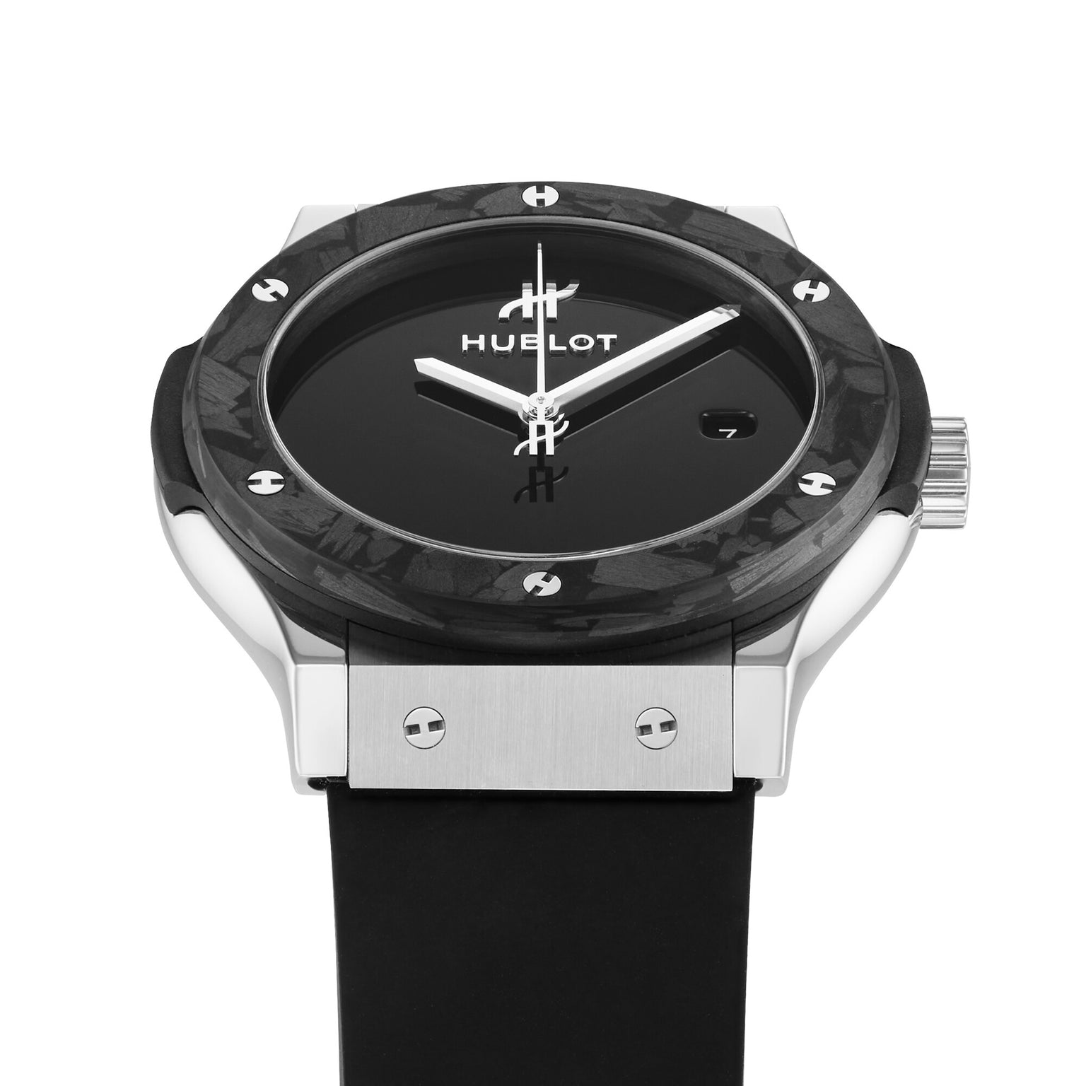 The Hublot Classic Fusion Centenary Special Edition The Watches of Switzerland Group Exclusive is a black wristwatch with a silver bezel and black rubber strap, displayed showing the time 10:10.
