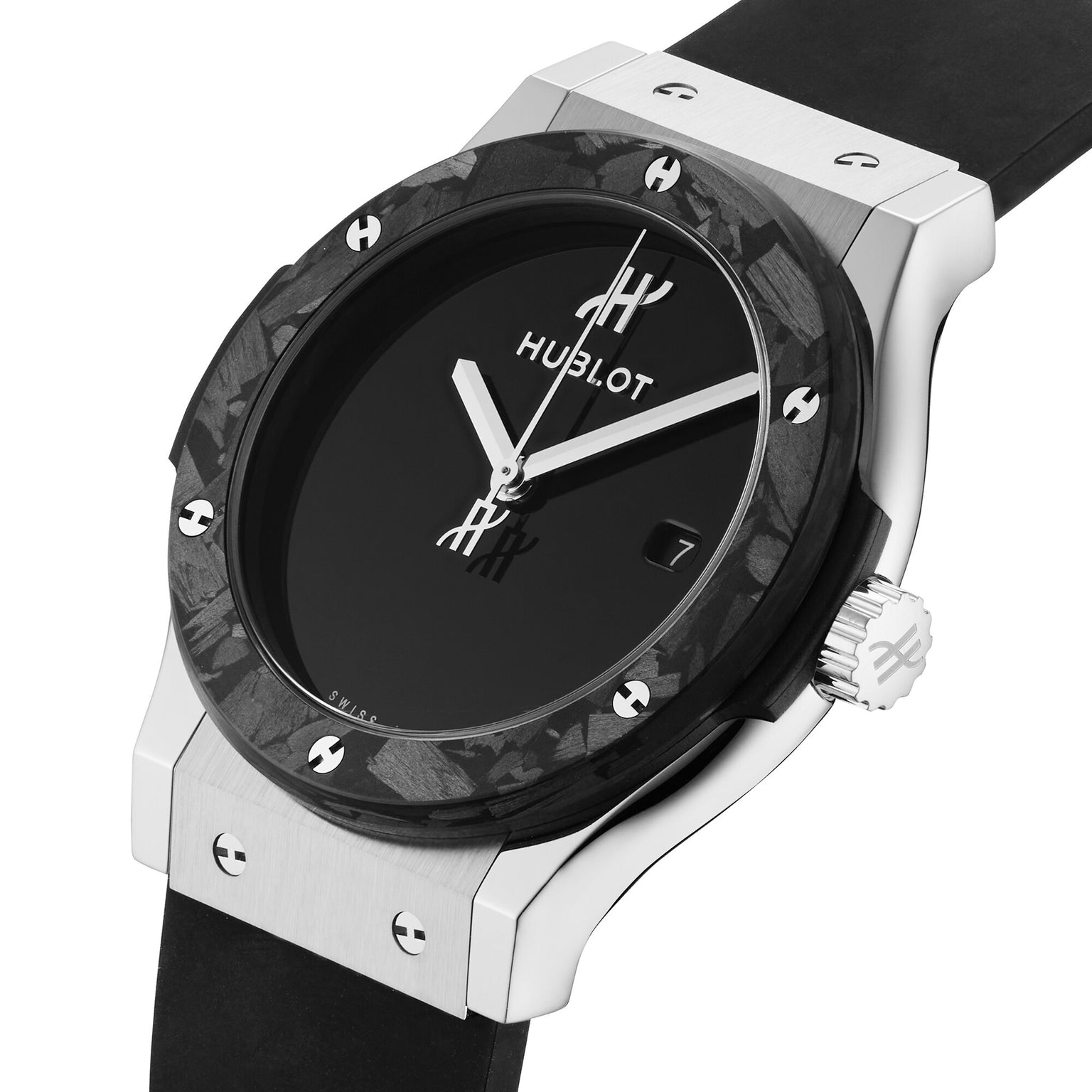 The Hublot Classic Fusion Centenary Special Edition, an exclusive for The Watches of Switzerland Group, features a black face, minimal markings, silver hands, date window, black bezel, and black strap.