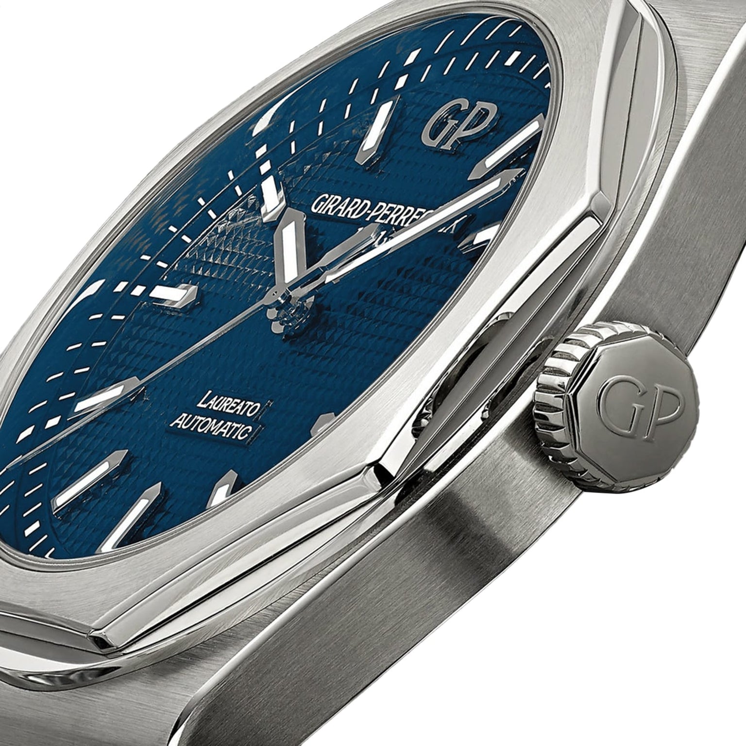 Close-up of the Girard-Perregaux Laureato 42 automatic wristwatch featuring an octagonal bezel, blue textured dial, silver markers, and a brushed stainless steel case.