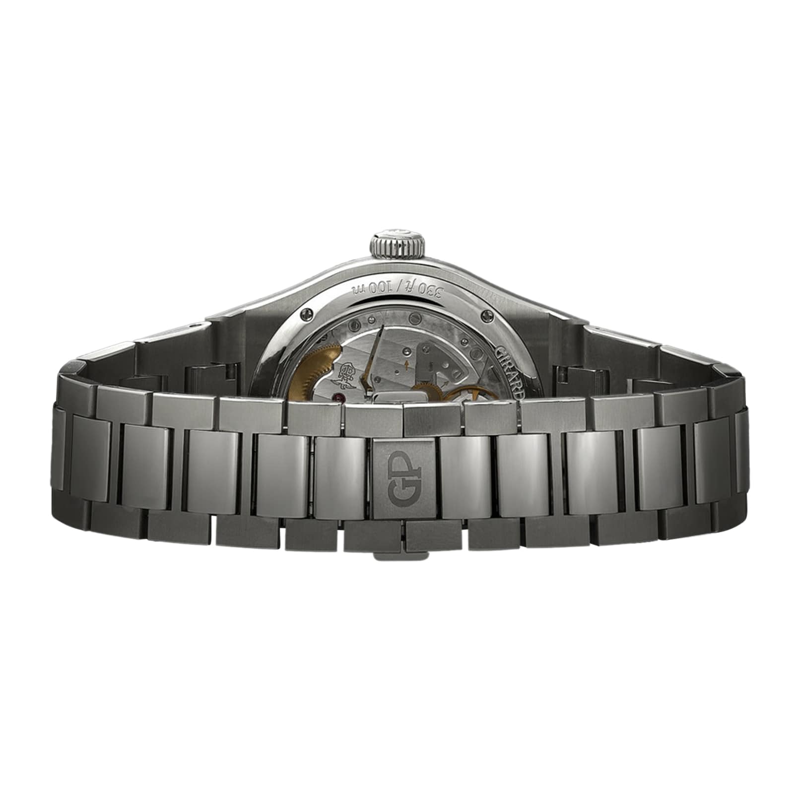 Back view of the Girard-Perregaux Laureato 42, featuring a stainless steel case, transparent case back that reveals the mechanical movement, and a metal link bracelet with clasp.