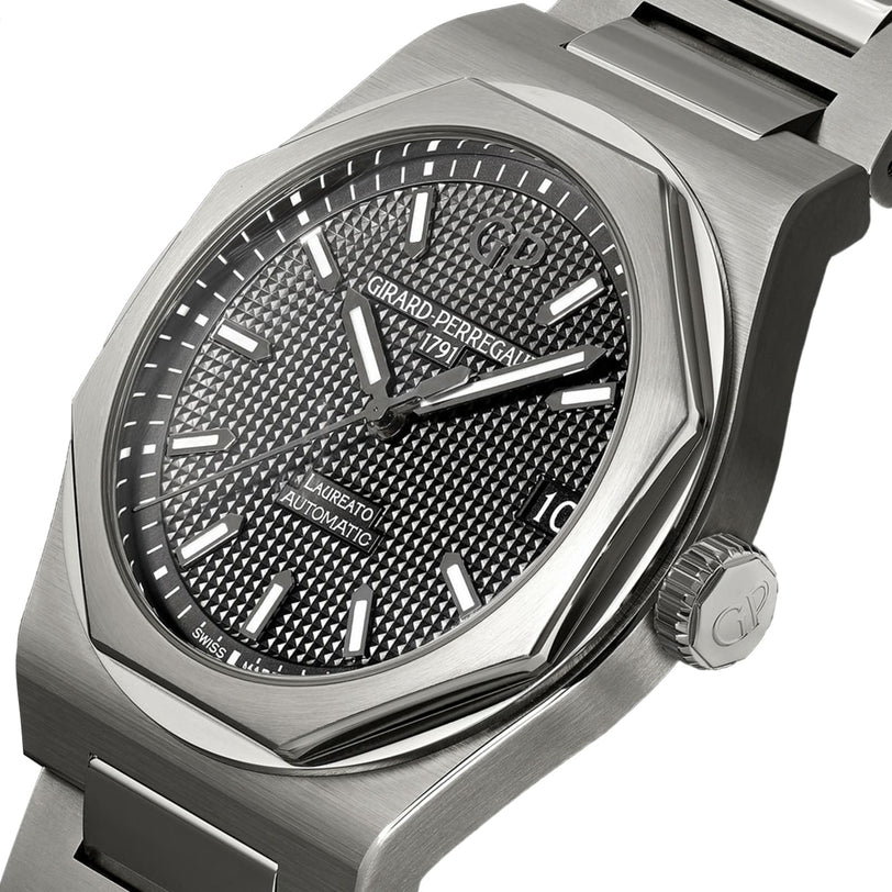 Close-up of the Girard-Perregaux Laureato 42, showcasing its 42mm stainless steel case, octagonal bezel, and textured black dial with silver hour markers.