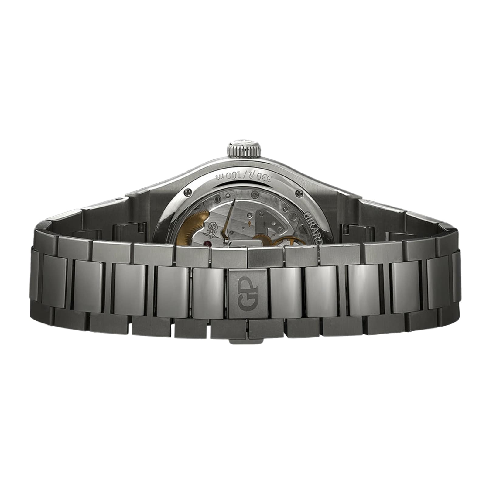 Back view of the Girard-Perregaux Laureato 42, showcasing its 42mm stainless steel case, octagonal bezel, logo clasp, and a transparent case back that reveals the intricate watch movement.