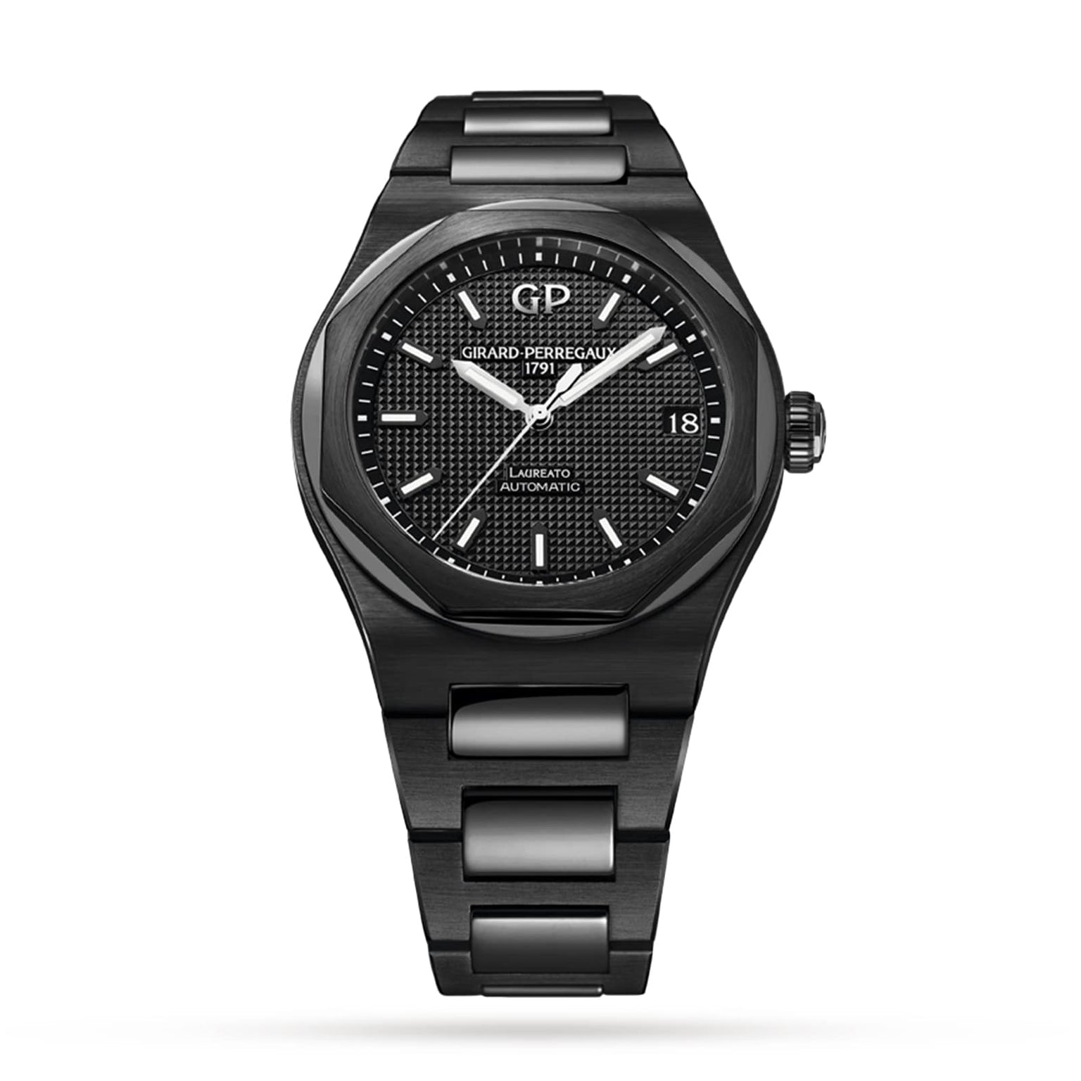 A Girard-Perregaux Laureato 42 wristwatch with a black textured dial, silver hands, octagonal bezel, date at 3 o’clock, and stainless steel bracelet is displayed on a white background.