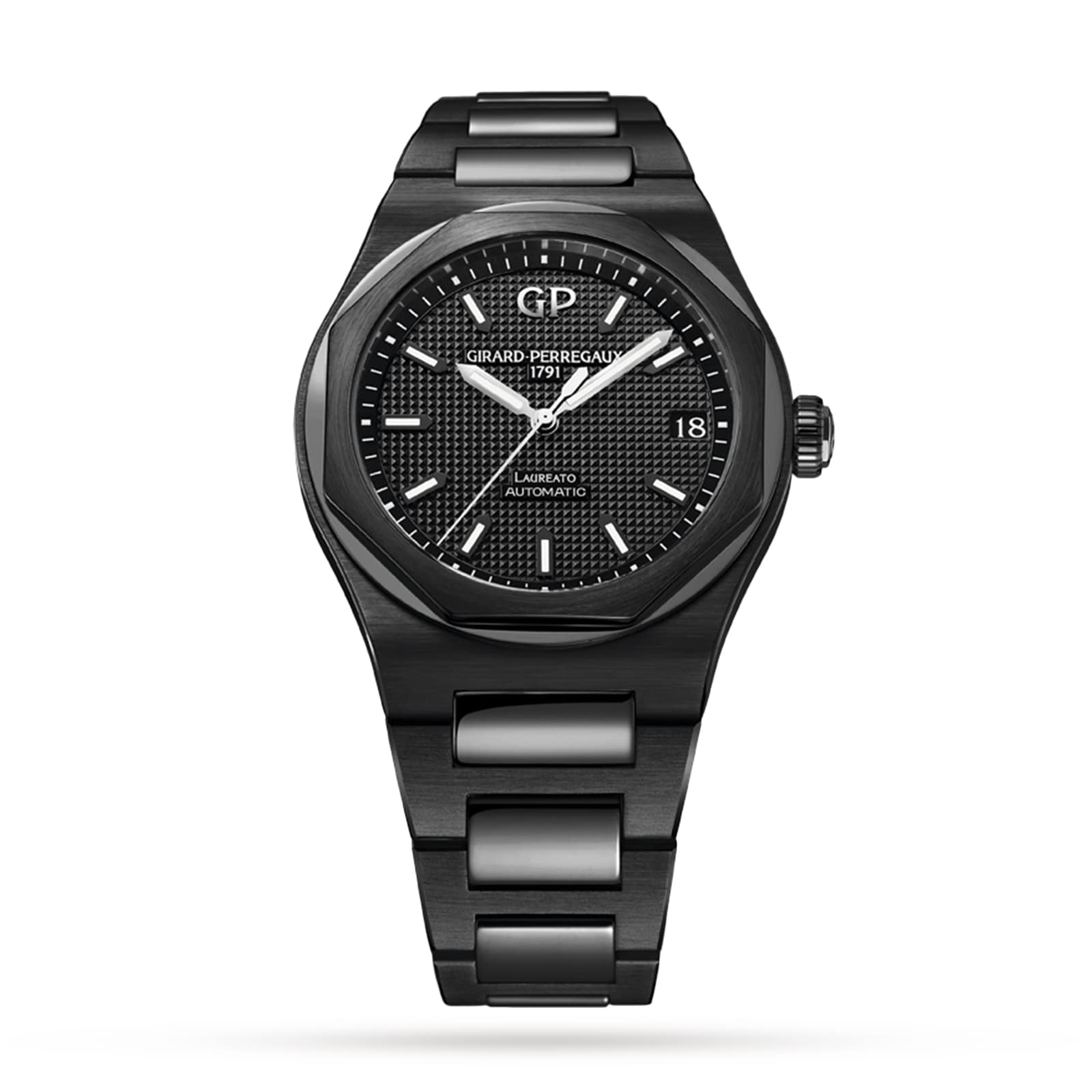 A Girard-Perregaux Laureato 42 wristwatch with a black textured dial, silver hands, octagonal bezel, date at 3 o’clock, and stainless steel bracelet is displayed on a white background.