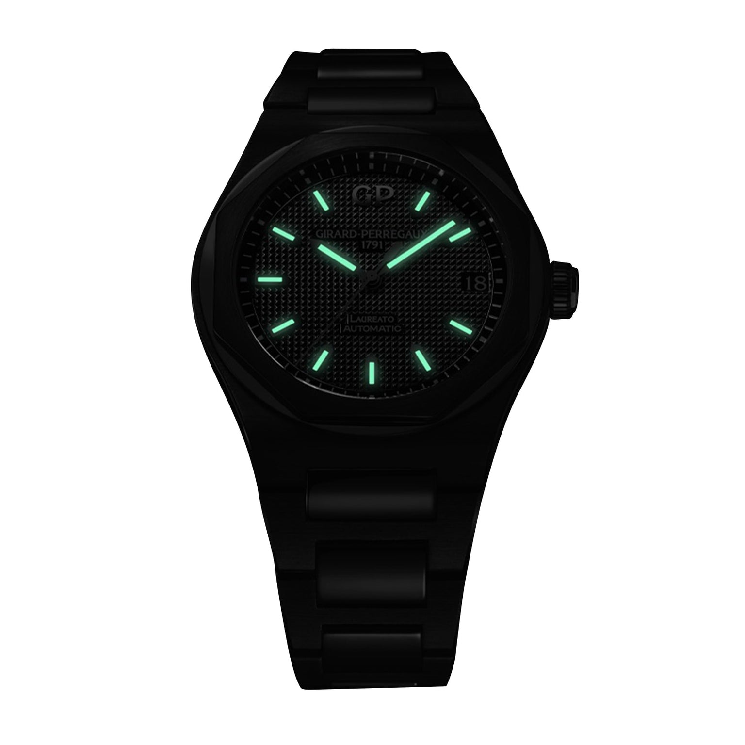 The Girard-Perregaux Laureato 42 is a black wristwatch with a dark face, glowing green hour markers and hands, and an octagonal bezel, shown against a plain white background.